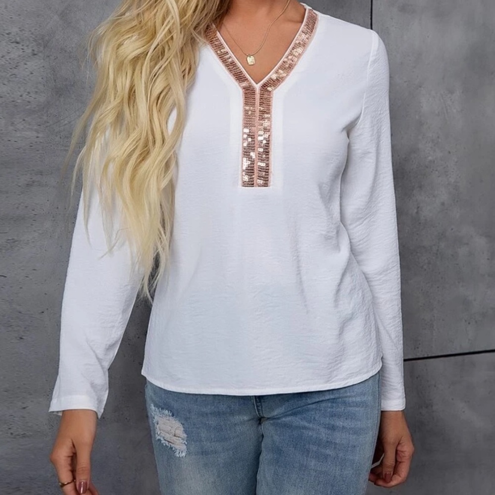 Boho sequins detail V neck blouse - Picture 2 of 4
